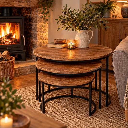 Three round nesting tables with rustic brown wood tops and black metal frames, styled in a cozy living room next to a fireplace and sofa.