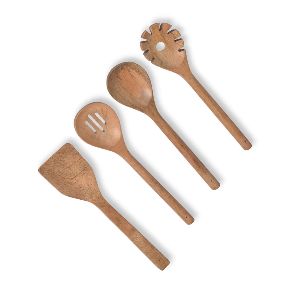 Set of 4 Mango wood kitchen utensils on a white background