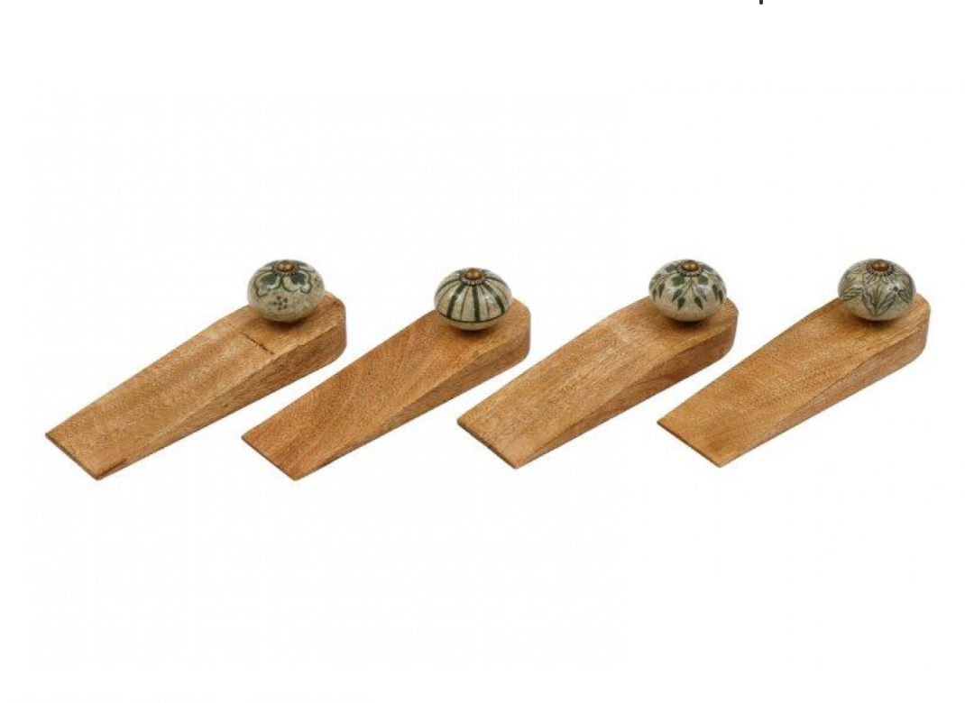 Mango wood door stop wedge with ceramic knob (Green variety) - 4 designs shown