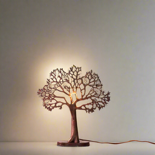 Tree of life lamp - oxidised copper finish - lit.