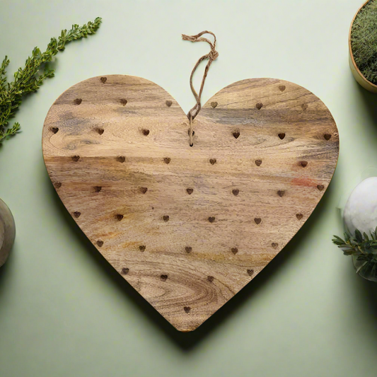Solid Mango wood etched heart board on string