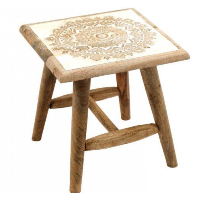 Hand carved whitewashed stool - design A