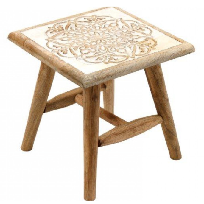 Hand carved whitewashed stool - design B