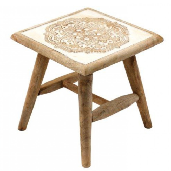 Hand carved whitewashed stool - design C