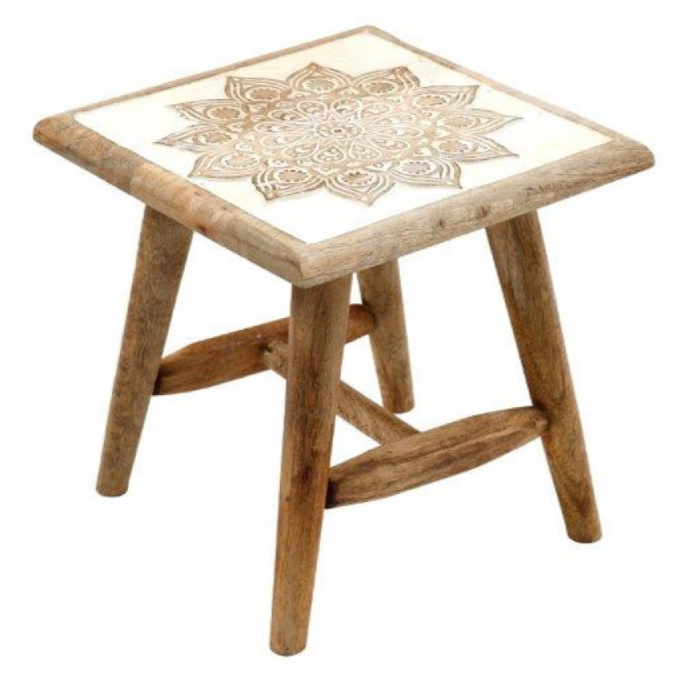 Hand carved whitewashed stool - design D