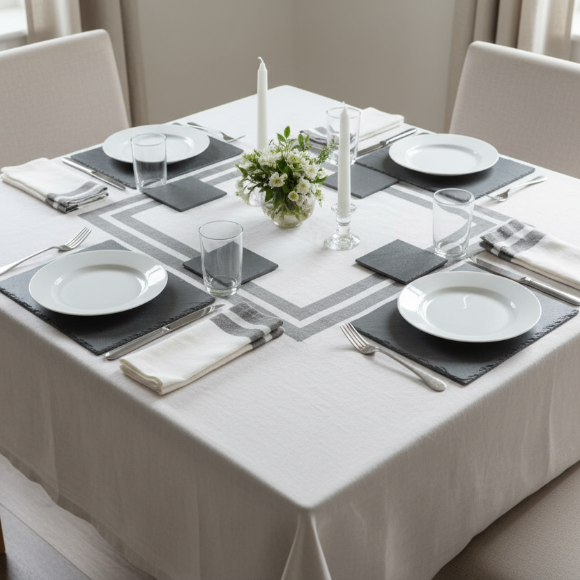 Slate placemats on a table with cutlery and a striped cloth.
