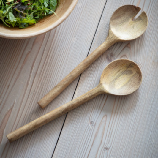 Set of 2 Mango wood salad server / utensils with salad. 