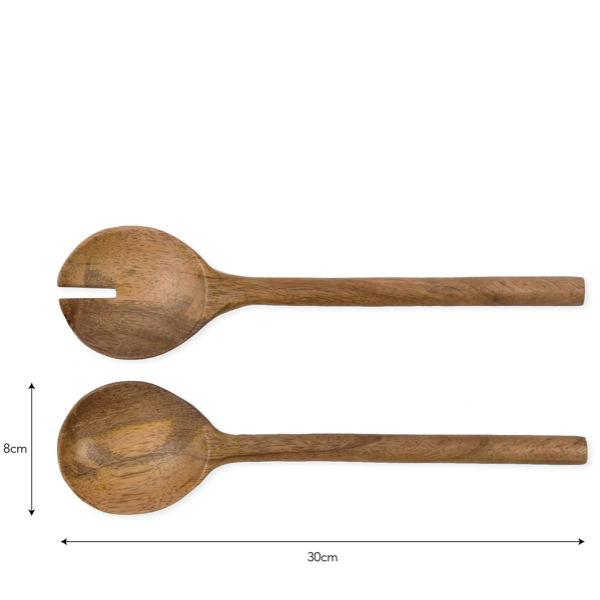 Set of 2 Mango wood salad server / utensils with dimensions.