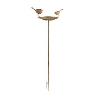 Bird bath with 2 robins on stake. Shown with stake out of the ground. 