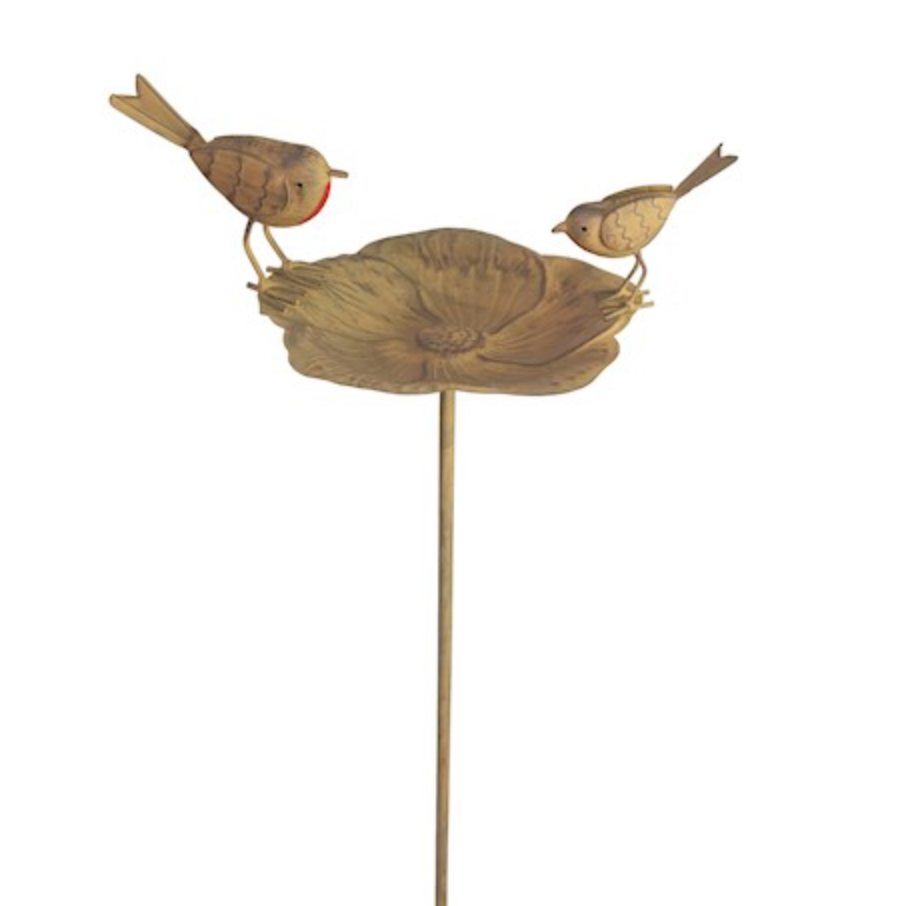 Bird bath with 2 robins on stake. View of the top of the ornament. 