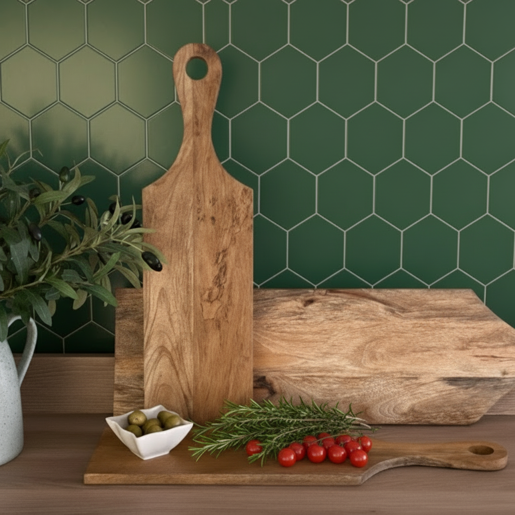 Set of wooden cutting boards on a wooden surface with a vase of greenery.