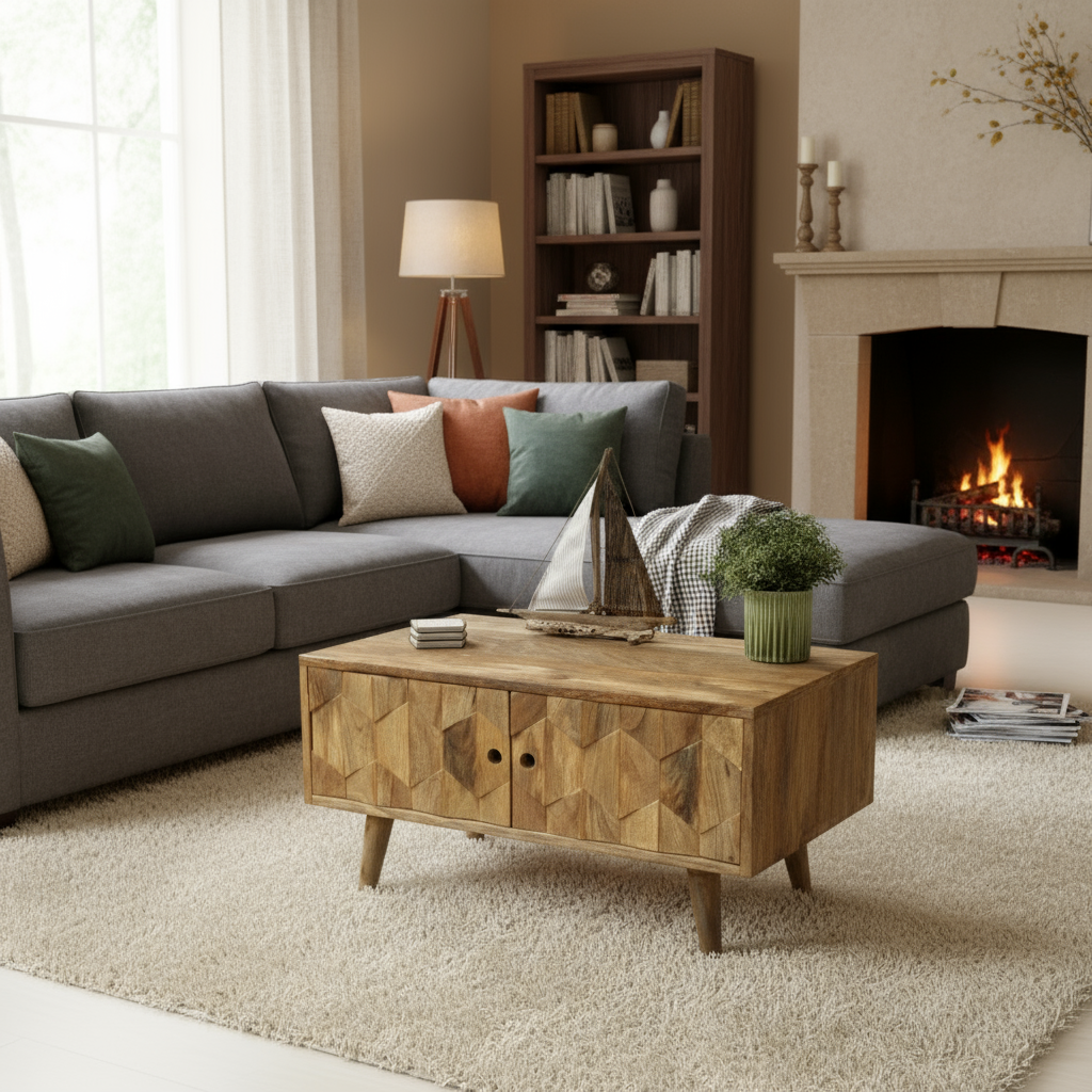 Wooden cabinet with geometric design on a gray carpet, featuring a sailboat model and plant.