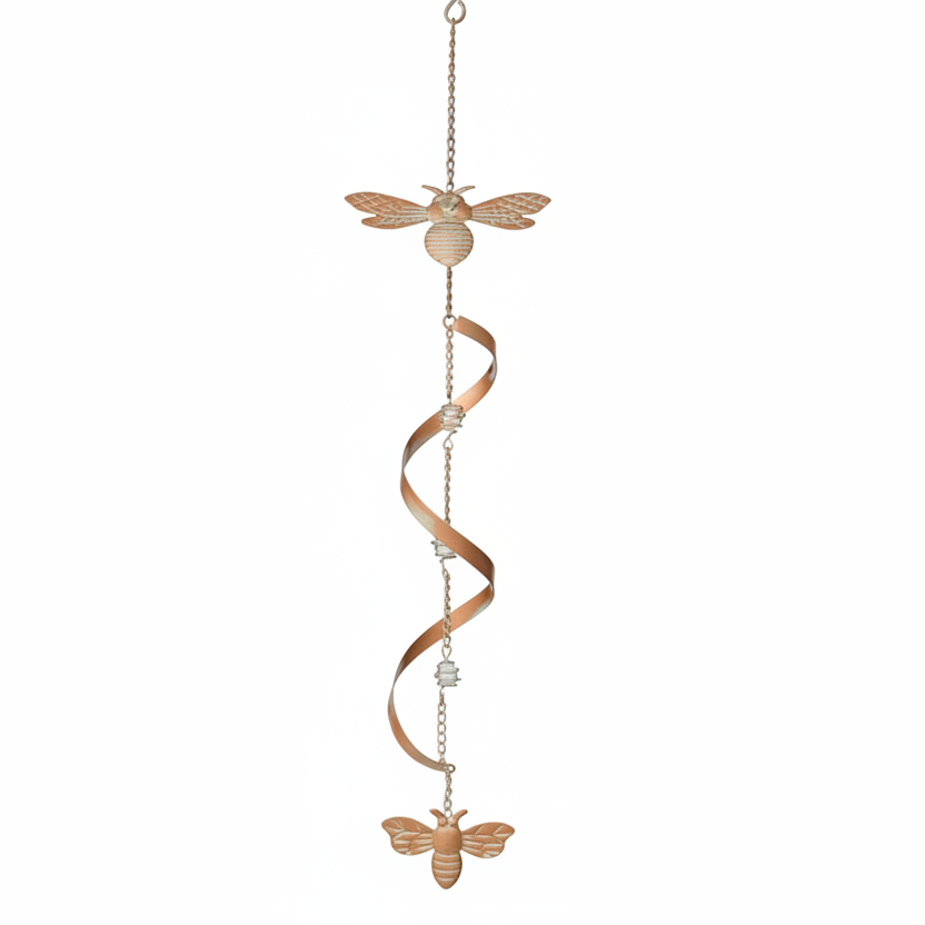 Decorative hanging chain with bee shapes on a white background