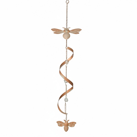 Decorative hanging chain with bee shapes on a white background