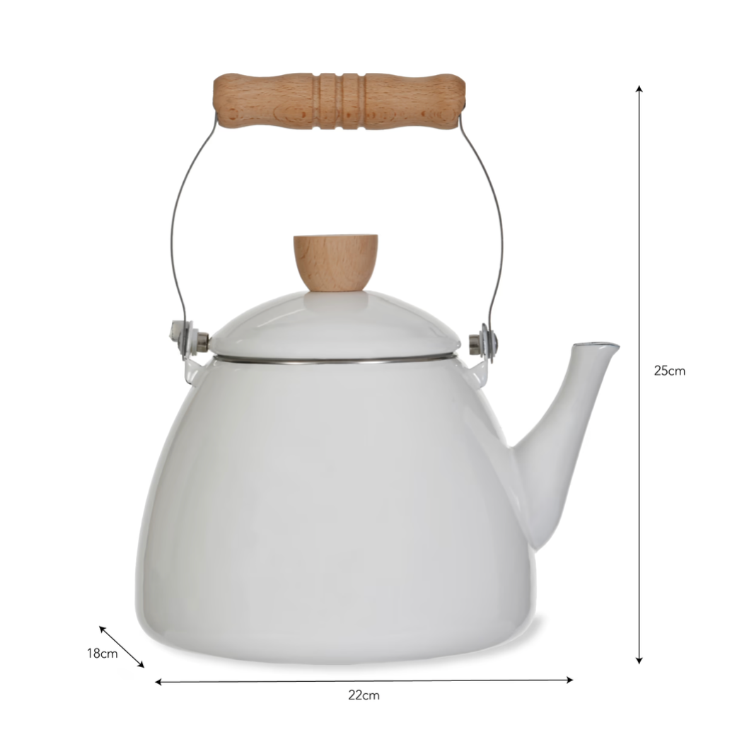 White kettle with wooden handle and measurements on a white background
