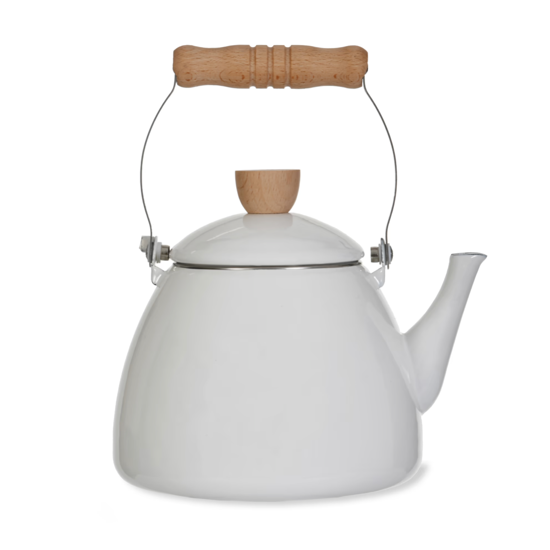 White kettle with wooden handle and lid knob on a white background