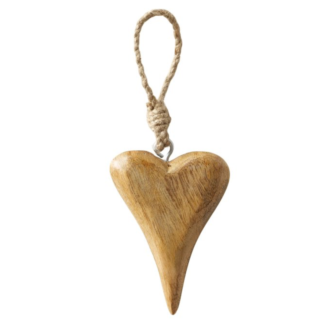 Wooden heart-shaped ornament with a rope on a white background