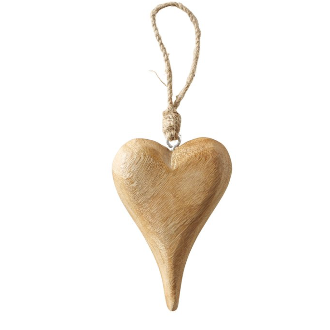 Wooden heart-shaped ornament with a rope on a white background