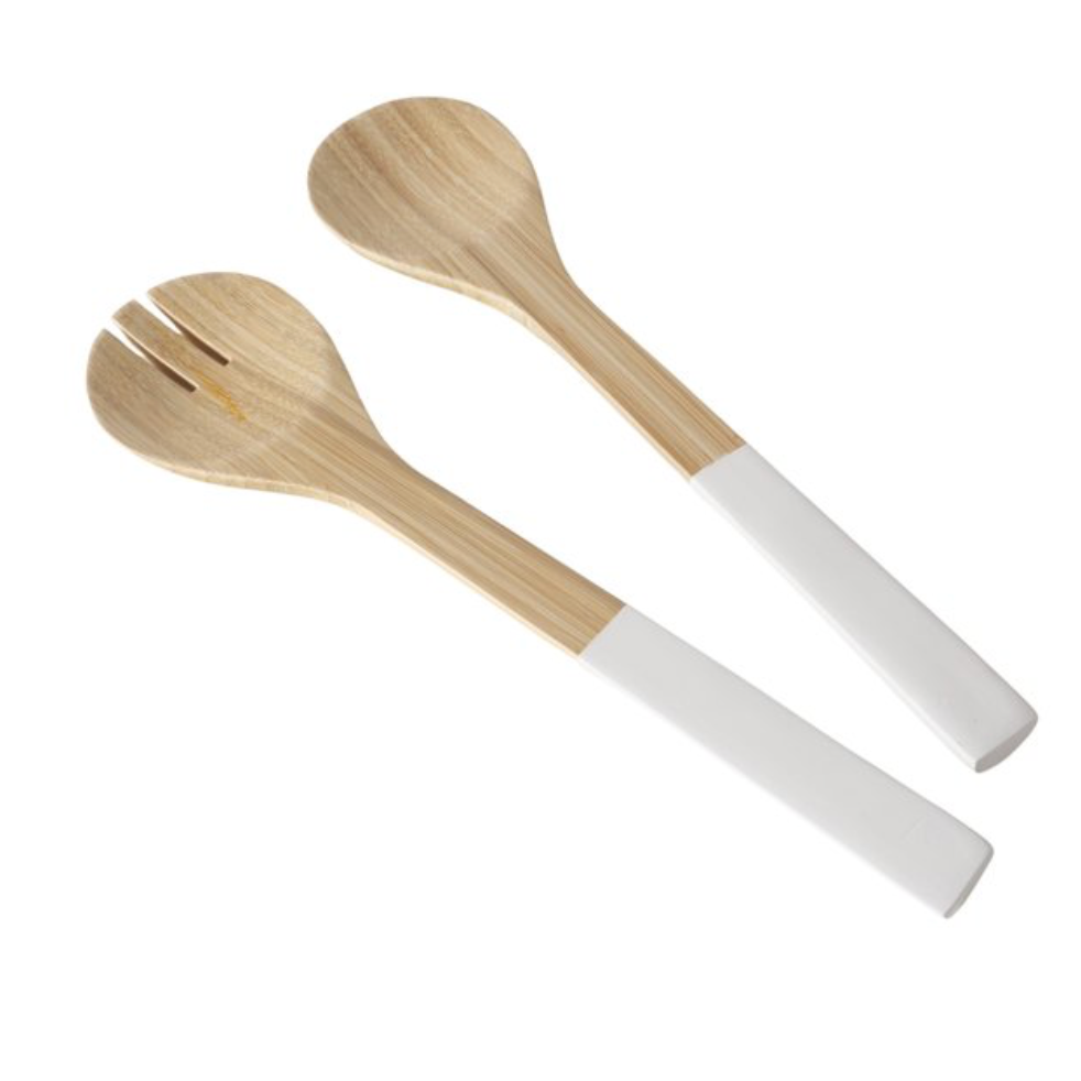 Two wooden utensils with white handles on a white background