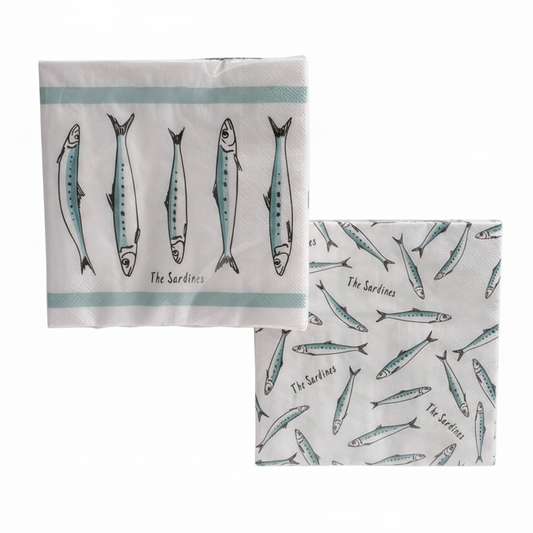Two kitchen towels with sardine design and 'Boutze Home' branding on a white background.