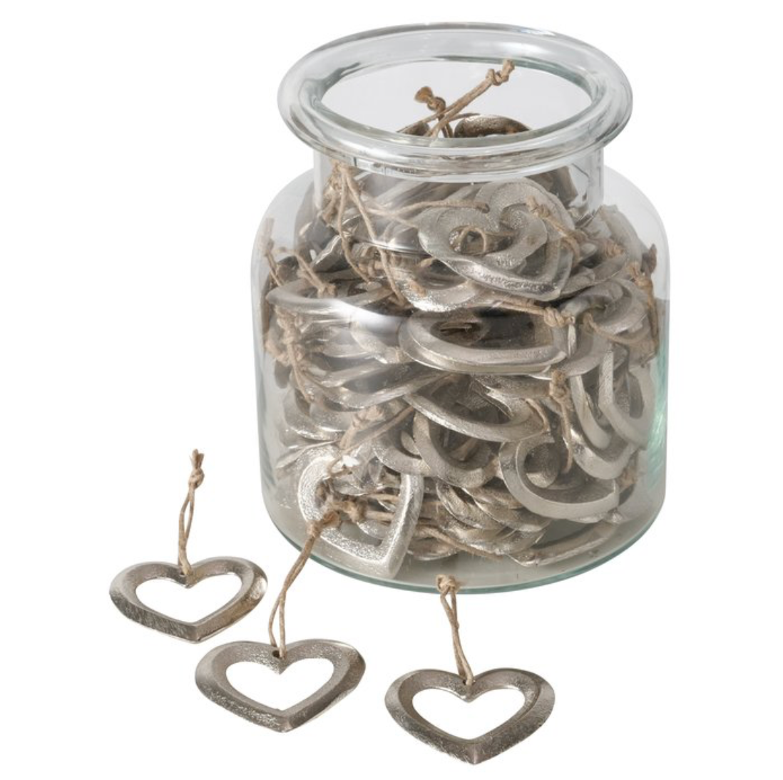 Clear glass jar filled with heart-shaped metal decorations on a white background
