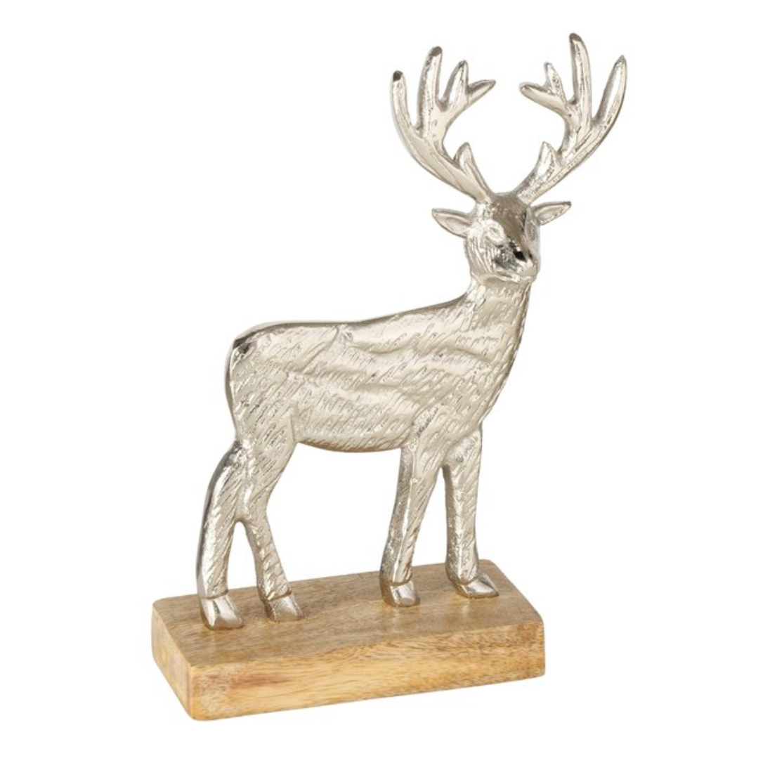 Decorative deer figure on a wooden base with a white background