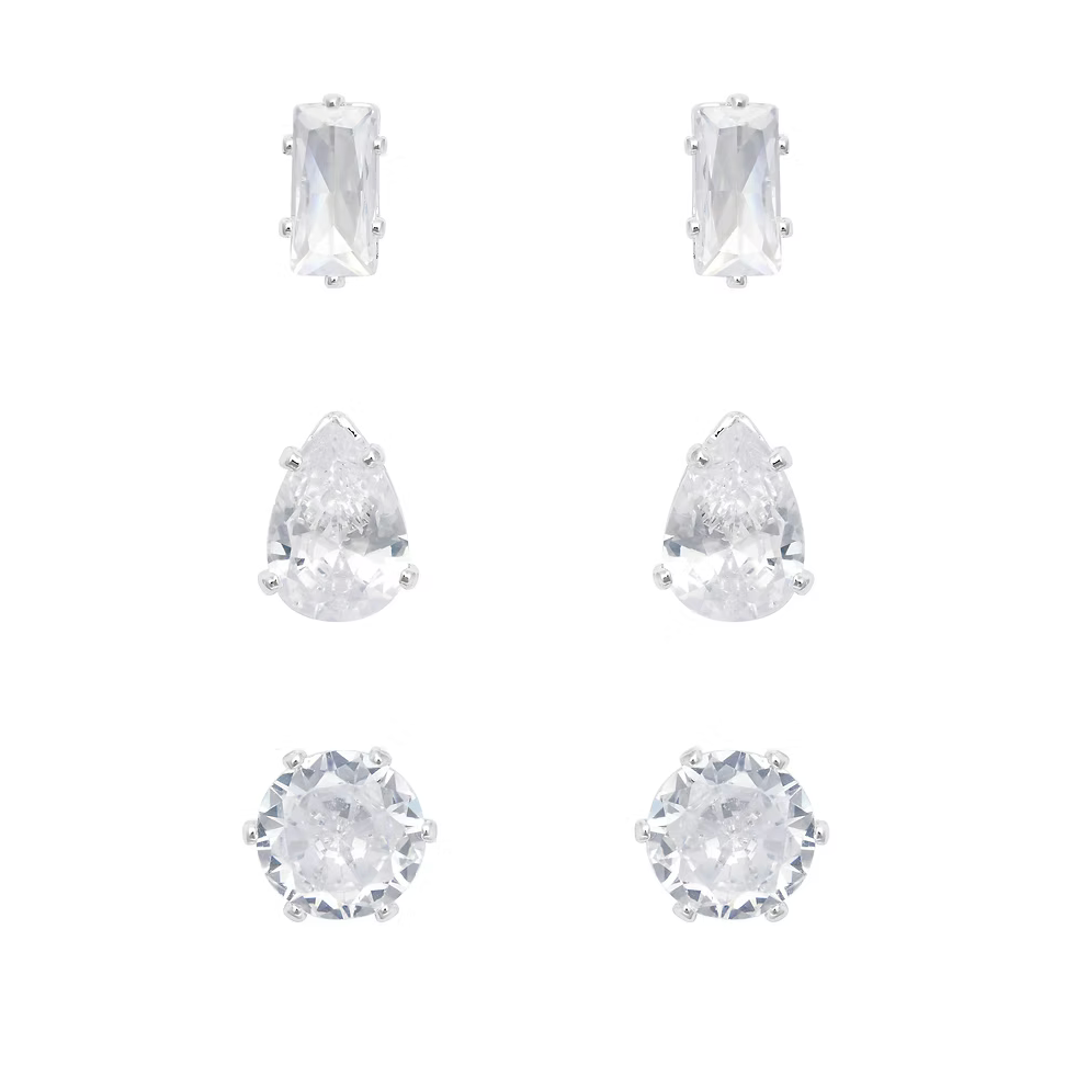 Set of clear gemstone earrings on a white background