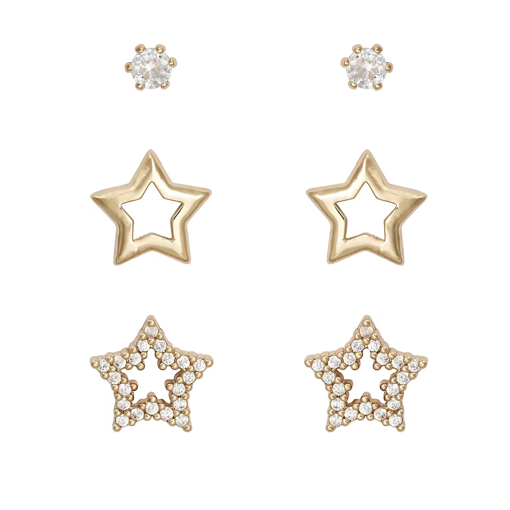 Set of star-shaped earrings with gold and crystal details on a white background