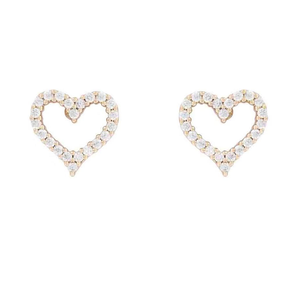 Heart-shaped earrings with clear stones on a white background