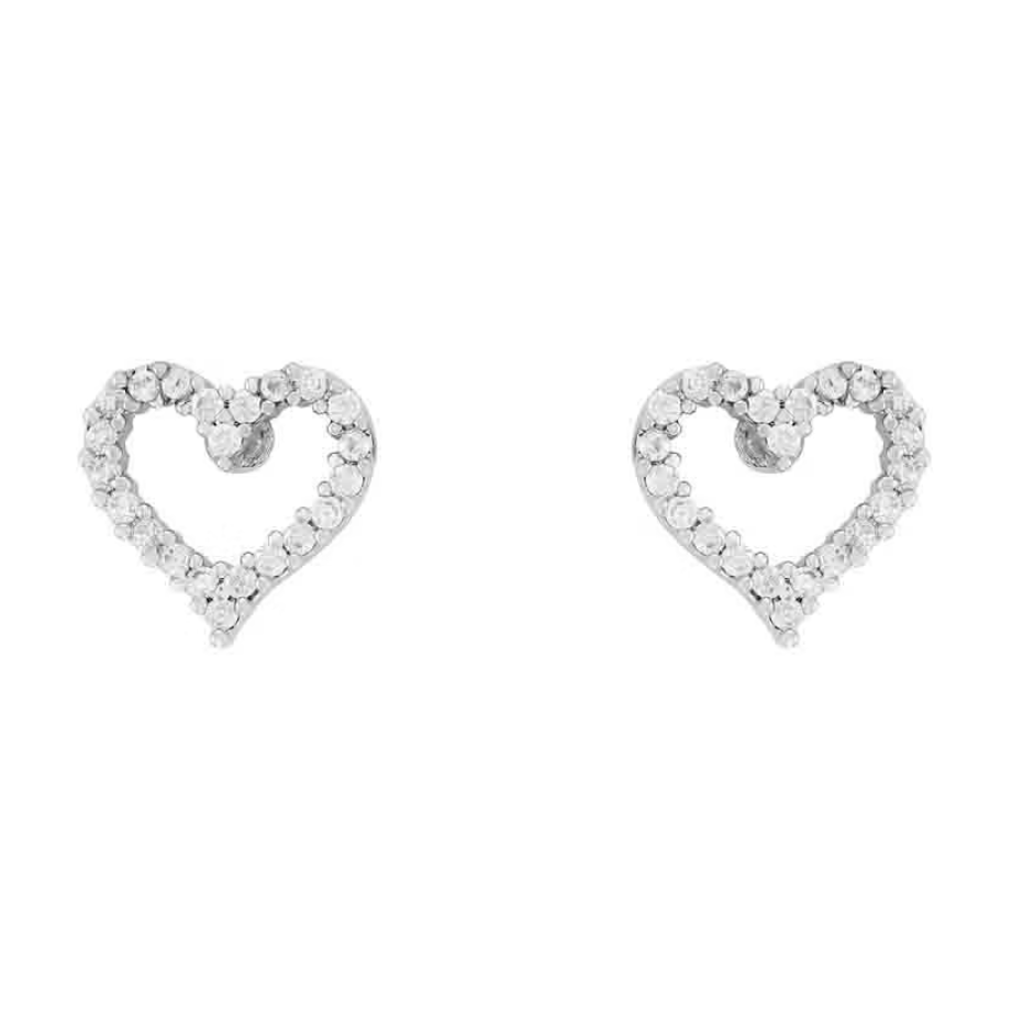 Heart-shaped earrings with clear stones on a white background