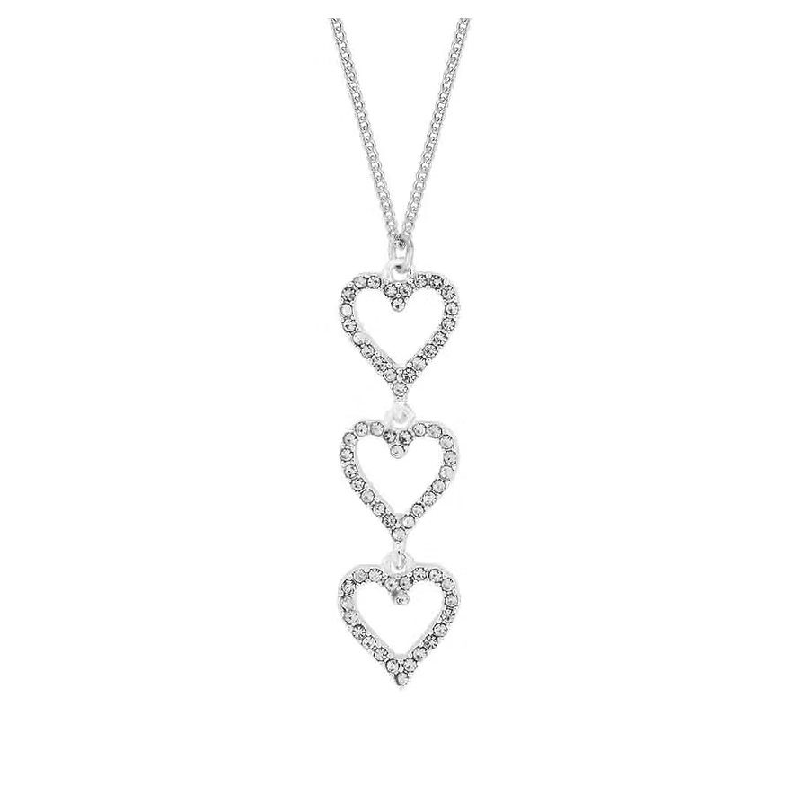 Silver necklace with three heart-shaped pendants on a white background