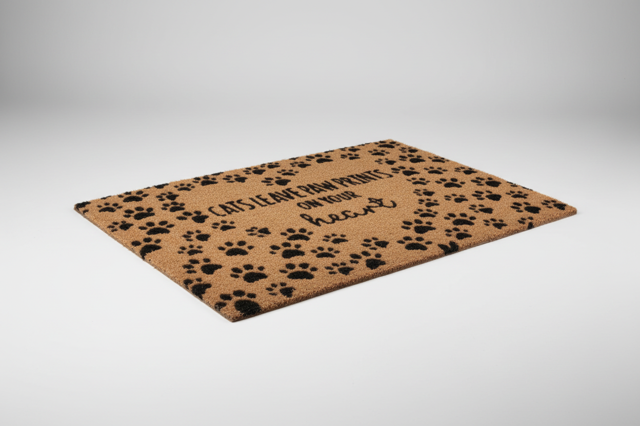 Doormat with paw prints and text 'Cats leave paw prints on your heart'