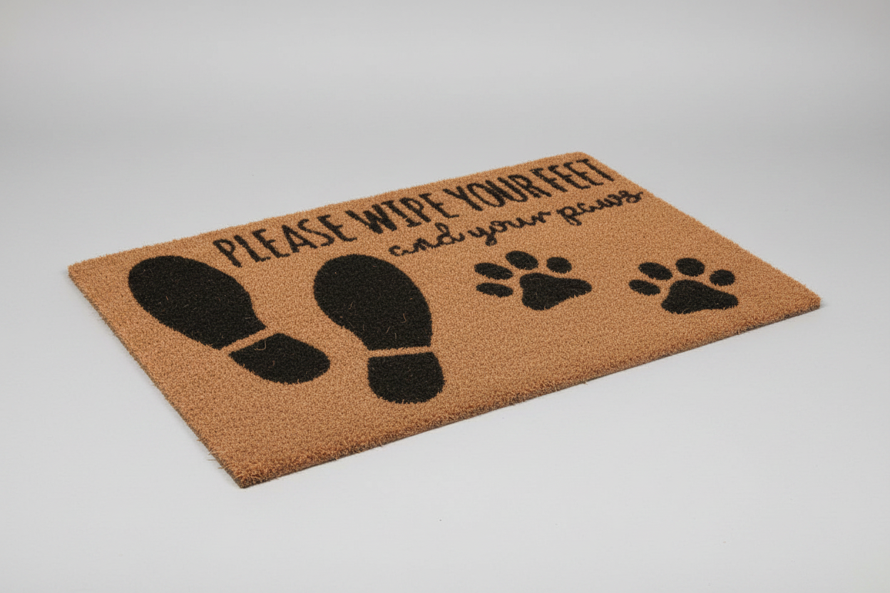 Doormat with text 'Please wipe your feet and your paws' and foot and paw print designs.