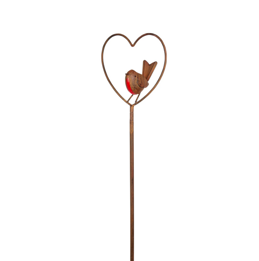 Decorative garden stake with a heart-shaped top and bird design on a white background