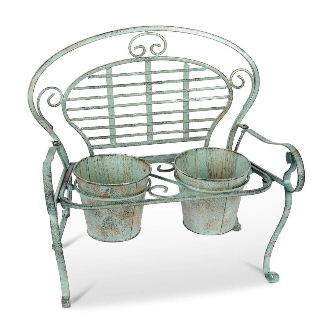 Decorative metal chair with two planters on a white background
