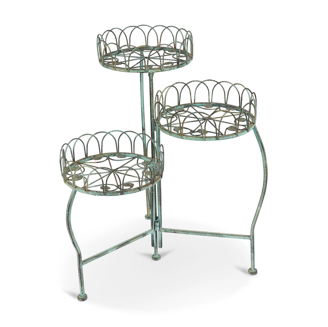 Three-tiered metal plant stand on a white background