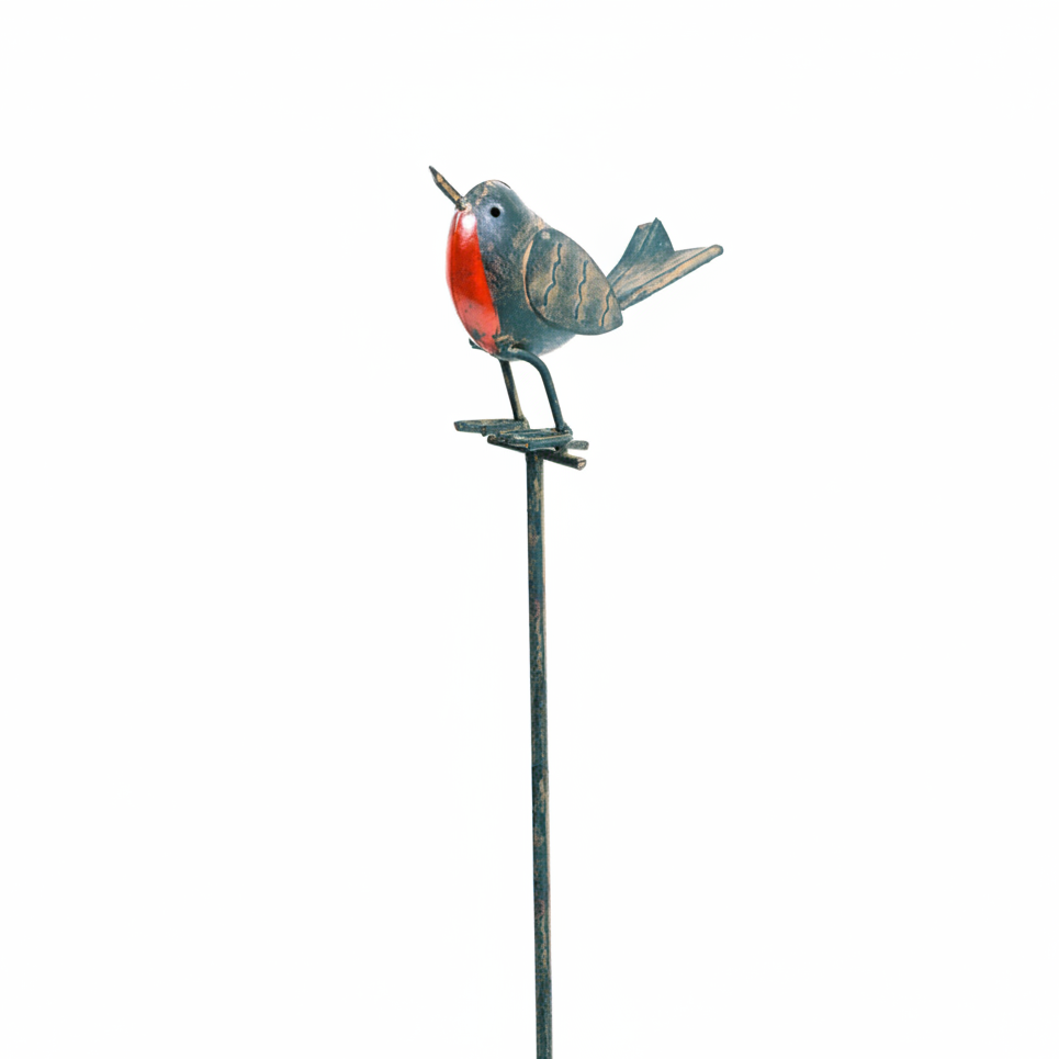 Decorative metal bird on a stand against a white background
