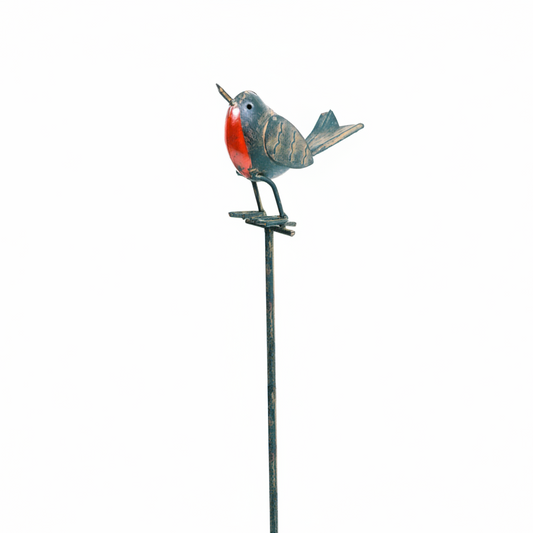 Decorative metal bird on a stand against a white background