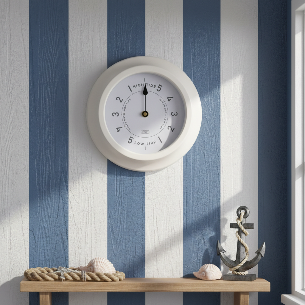 A round white marine tide indicator dial with a black pointer and printed tide labels, shown against a plain white background.
