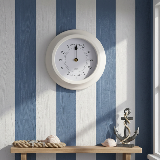 A round white marine tide indicator dial with a black pointer and printed tide labels, shown against a plain white background.