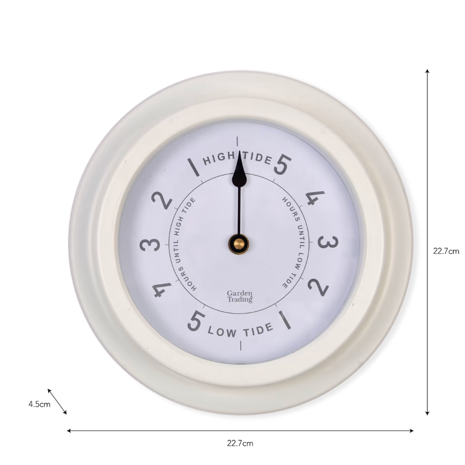 A round tide gauge clock with a cream-colored outer frame and a white dial showing high and low tide markings. Dimension annotations indicate a diameter of 22.