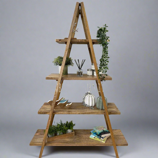 A-frame folding Mango wood 5 part bookcase with items placed on shelves. 