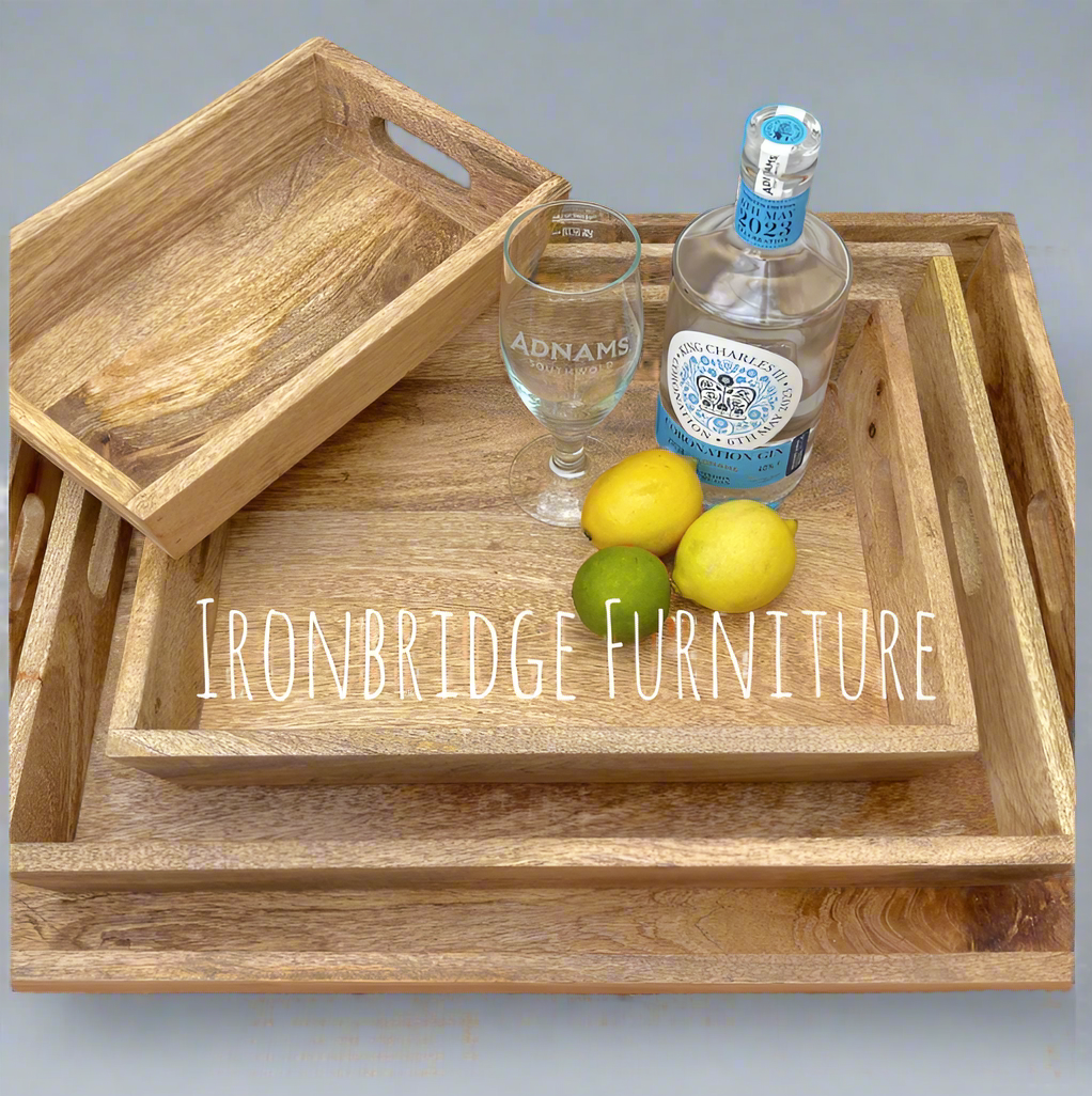 Solid Mango wood tray with cut out handles in 4 sizes