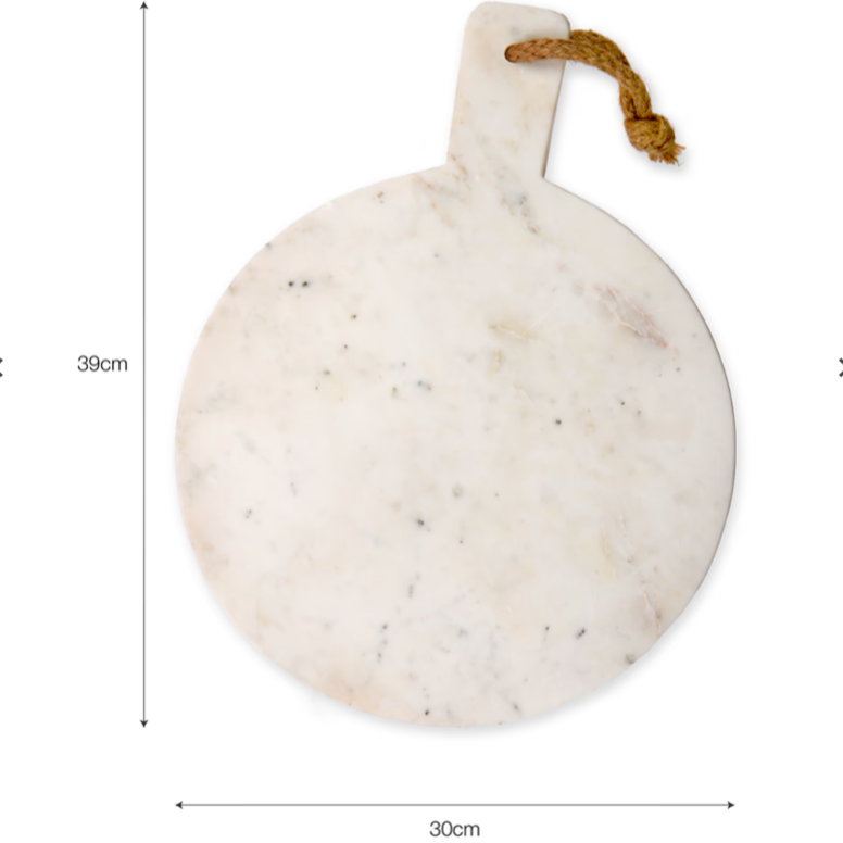 Marble chopping board - round or rectangular design. Round design with dimensions.