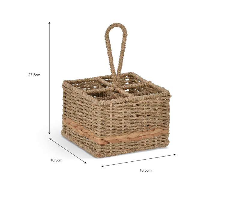 Woven seagrass and water hyacinth condiment caddy with measurements