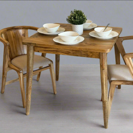 80cm Square Mango dining table with cone shaped legs dressed with 4 settings