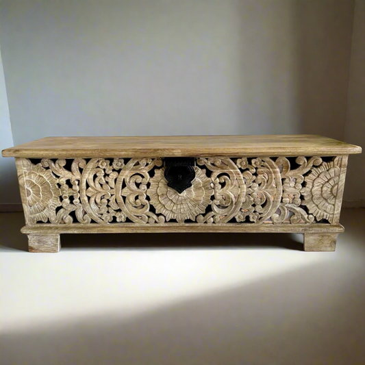 White washed with etched front long blanket style chest