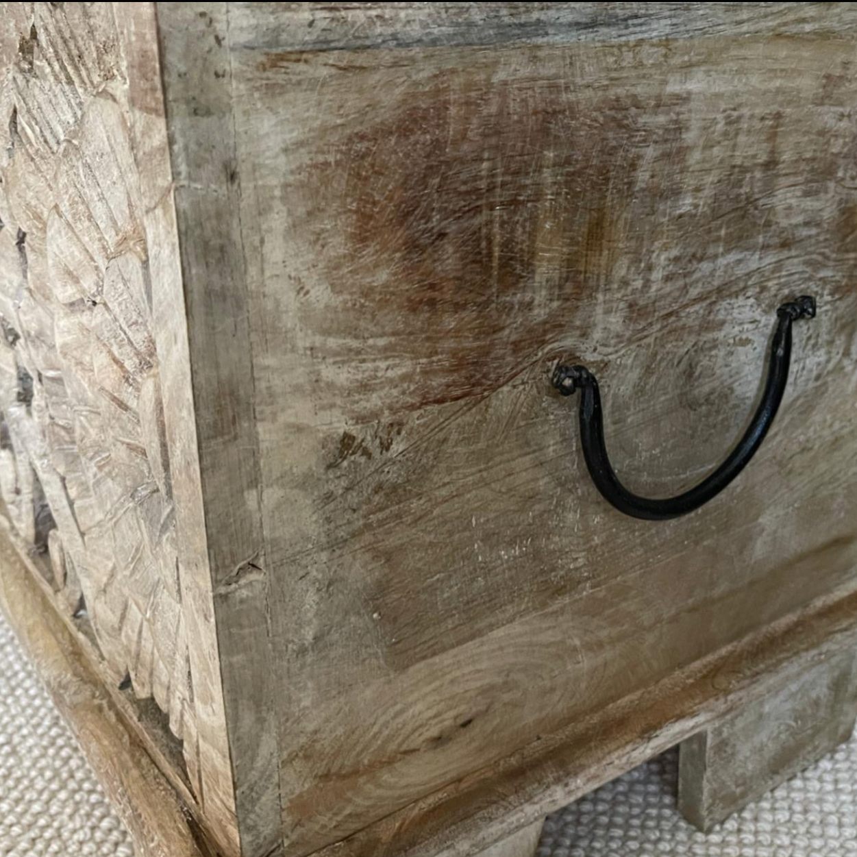 White washed with etched front long blanket style chest handle close up