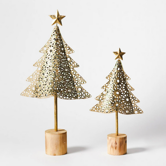 Gold metal Christmas tree on wood log base - both sizes shown. 