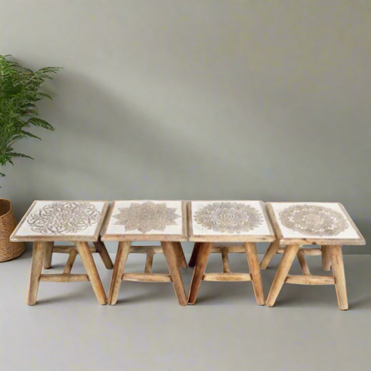 Hand carved whitewashed stool